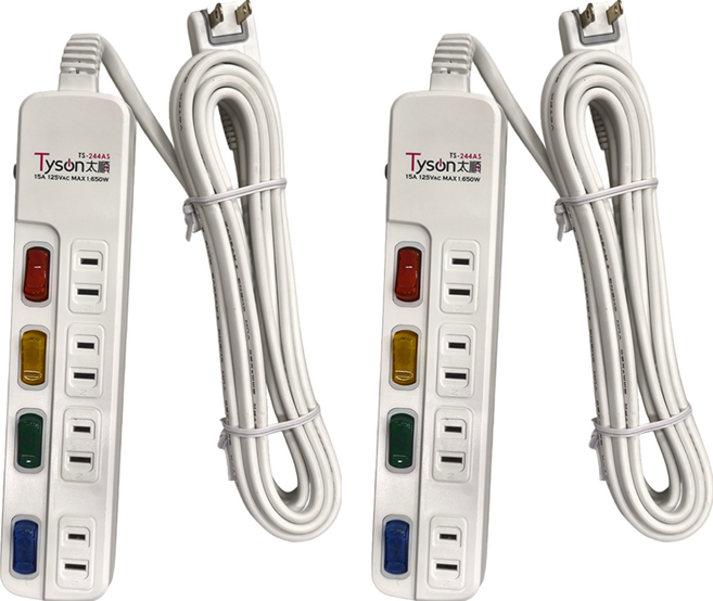Tyson 太順電業 4開4插防雷擊延長線 2孔 TS-244AS, 4.5m, 白色, 2條