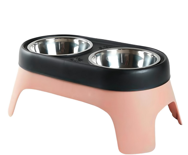 撞色高架護頸不鏽鋼飼料碗, 黑色 + 粉色, 1個