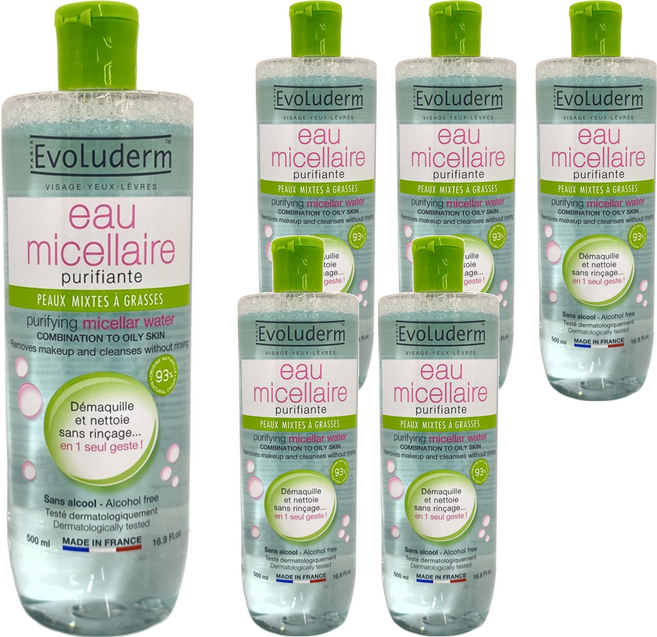 EvoLuderm 潔膚卸妝水 控油調理 混合性至油性肌膚適用, 500ml, 6瓶