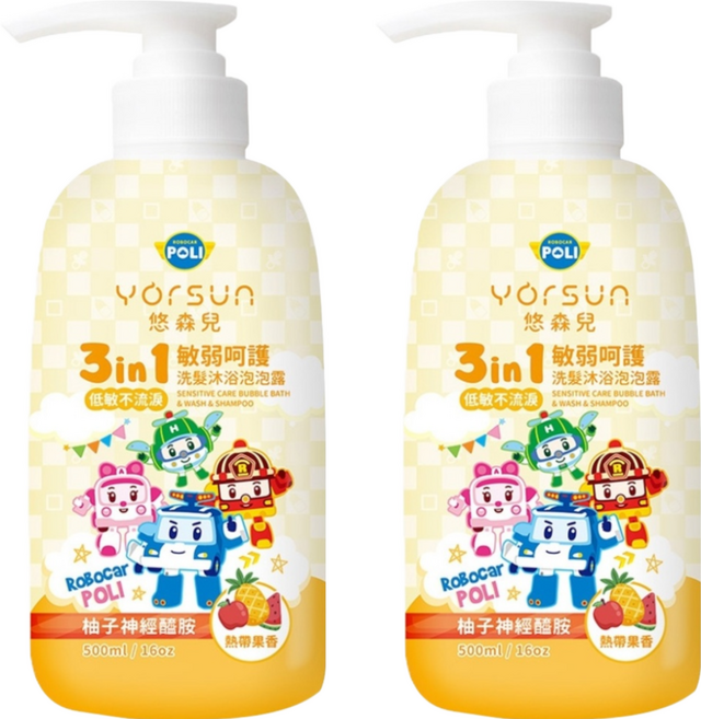 YOrSUn 悠森兒 Poli 波力 敏弱呵護3in1洗髮沐浴泡泡露 熱帶果香, 500ml, 2瓶
