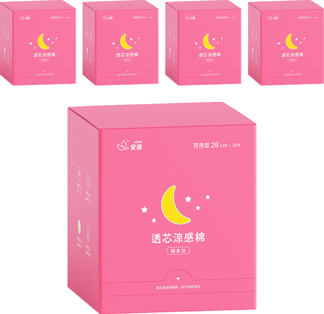 icon 愛康 透芯涼感衛生棉 護翼型, 夜用型 28cm, 21片, 5盒
