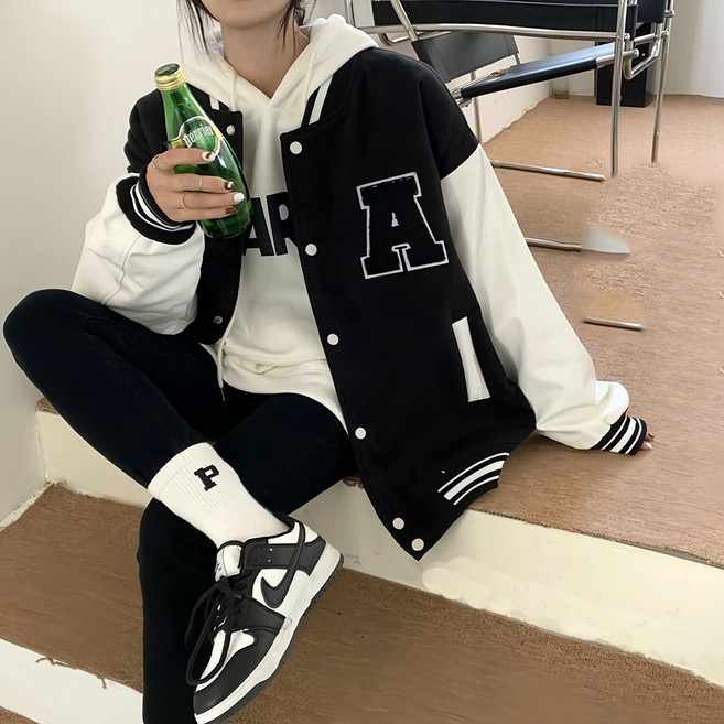 美式刷毛棒球外套 寬鬆 拼接撞色 A字母 時尚休閒 女
