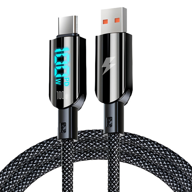 YORI CAR 優里 USB to Type-C 數顯充電線, 120cm, 典雅黑, 1條