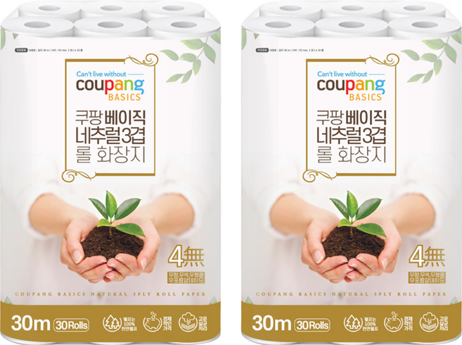 Coupang Basics 基本款三層捲筒衛生紙, 30m, 30捲, 2袋