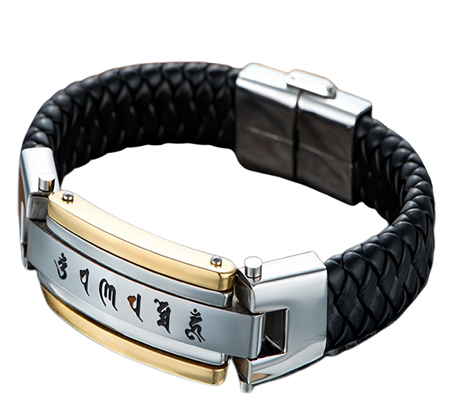馥瑰馨盛 男款六字真言皮製手鍊 18~20cm 47g, 1條, 金色 + 銀色 + 黑色