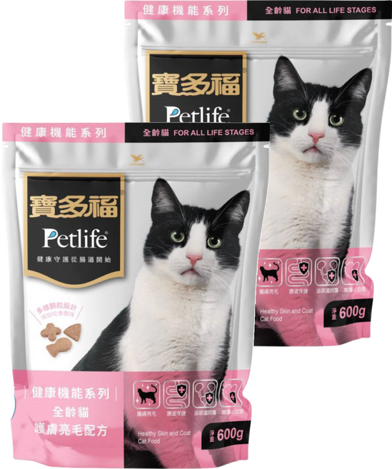 Petlife 寶多福 全齡貓 健康機能系列 乾飼料, 皮膚/毛髮, 600g, 2包