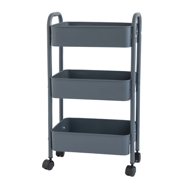 KI WISH 居家生活 三層拉籃推車 鐵網籃 39x22x69cm, 冷灰藍