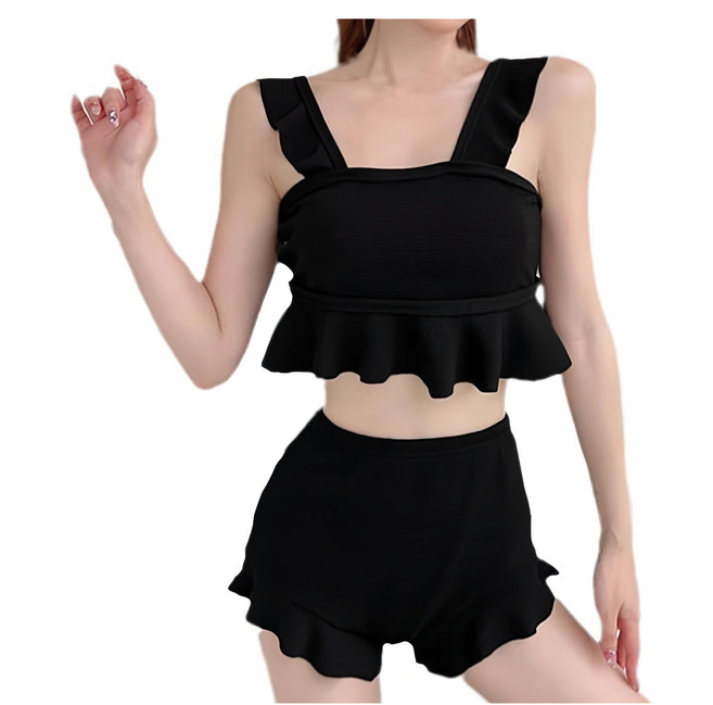 女生荷葉邊泳衣 荷葉邊無袖分體, 黑色