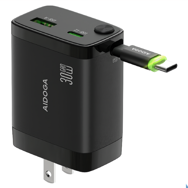 AIDOGA 艾迪伽 智連系列 雙孔 GaN 氮化鎵充電器 30W 快充 伸縮收納 Type-C 線, 黑色, 1個