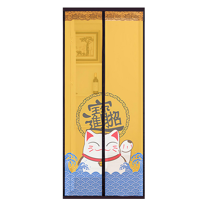 魔術膠靜音磁吸防蚊門簾 加寬, 招財貓 黃色