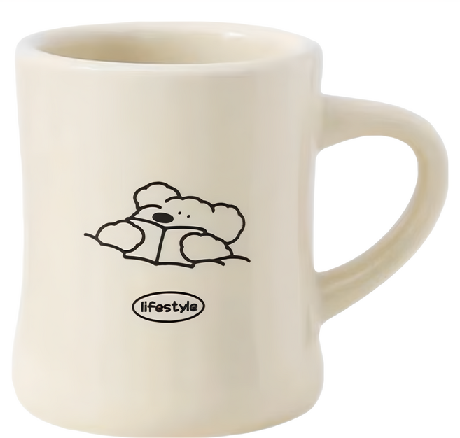 沐慕家居 極簡線條狗狗厚實馬克杯 350ml, 閱讀中 米色, 1個