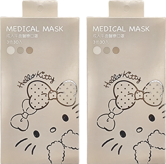 Hello Kitty 凱蒂貓 鋼印款成人平面醫療口罩, 棕色系, 30片, 2盒