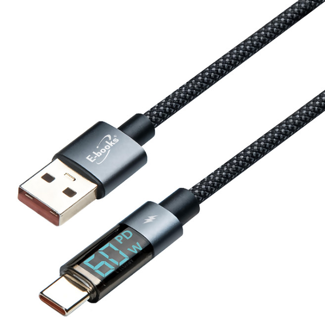 E-books XA51 鋁製 USB-A to C 60W數位顯示充電傳輸線 支援PD快充 3A大電流, 2M, 1條, 編織線