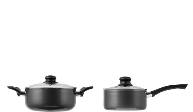 Tamsaa IH電磁爐適用 陶瓷塗層湯鍋2件組, 16公分單柄湯鍋 + 20公分雙耳湯鍋, 深黑色, 1組