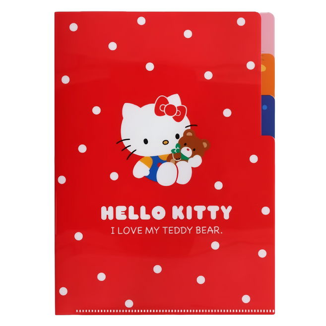 sun-star Hello Kitty 50週年L型A5三夾層資料夾 155 x 220 x 1mm, 泰迪好朋友 紅色, 1個