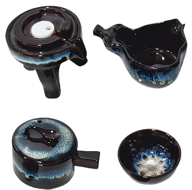 時來運轉 茶具組 陶瓷, 窯變天睦泡沫裝 黑色 + 藍色, 1組