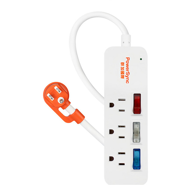 PowerSync 群加 3開彩色開關防雷擊延長線 3孔 TS3C9012, 1.2m, 1條, 白色