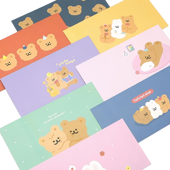 PINKFOOT 跳舞小熊橫式信封8款各12個 + 信紙組, 1組, 顏色隨機
