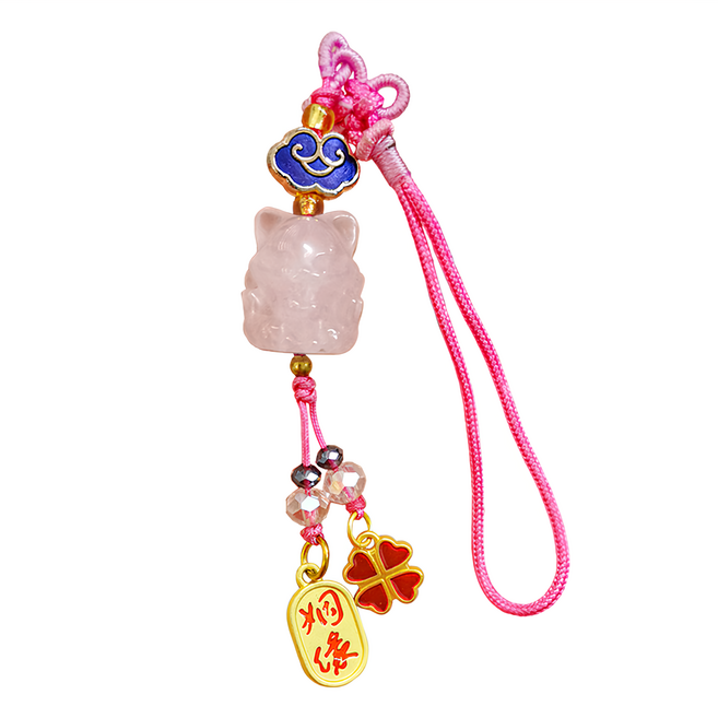 喜迎良緣 狐仙粉晶吊飾 尺寸約16.5cm, 黑曜石 + 粉水晶, 1個