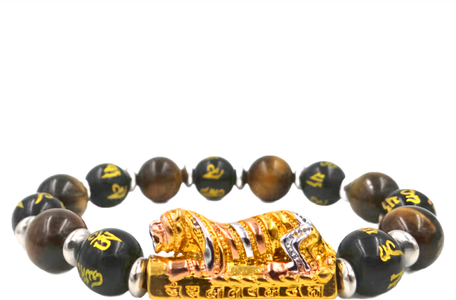 喜緣玉品 金虎爺發財咒旺運念珠 小, 虎眼石 黑色 + 金色, 1個