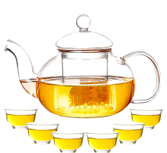 AHOYE 耐熱玻璃泡茶杯壺組 玻璃壺 + 玻璃茶杯 6個 1組 透明色