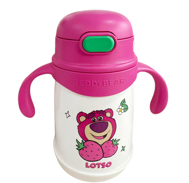 BEDDYBEAR 杯具熊 中透不鏽鋼保溫學飲杯, 貪吃草莓熊 粉色 + 白色, 400ml, 1個