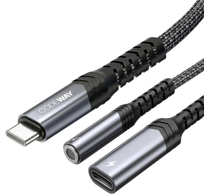 CODEWAY USB-C轉3.5mm耳機孔 + Type-C 高效充電雙孔轉接器, 單一商品, 灰色, 1條