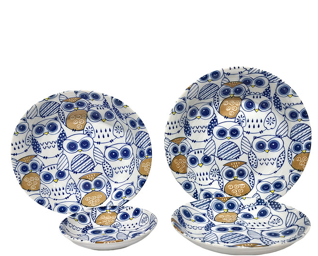 JUST HOME 日本製陶瓷6件餐具組, 6件組(1個5吋碟 + 2個6.5吋盤 + 2個7.7吋橢圓盤 + 1個8吋湯盤), 貓頭鷹, 1組