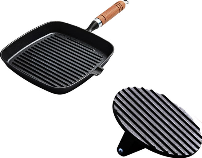 上手家居 鑄鐵壓肉板牛排鍋組 牛排鍋 + 壓肉板 22cm - 導熱均勻、條紋設計, 1組