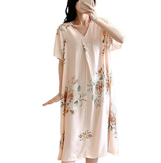 NEW FORCE 知性美V領清新居家長裙 氣質印花 寬鬆舒適