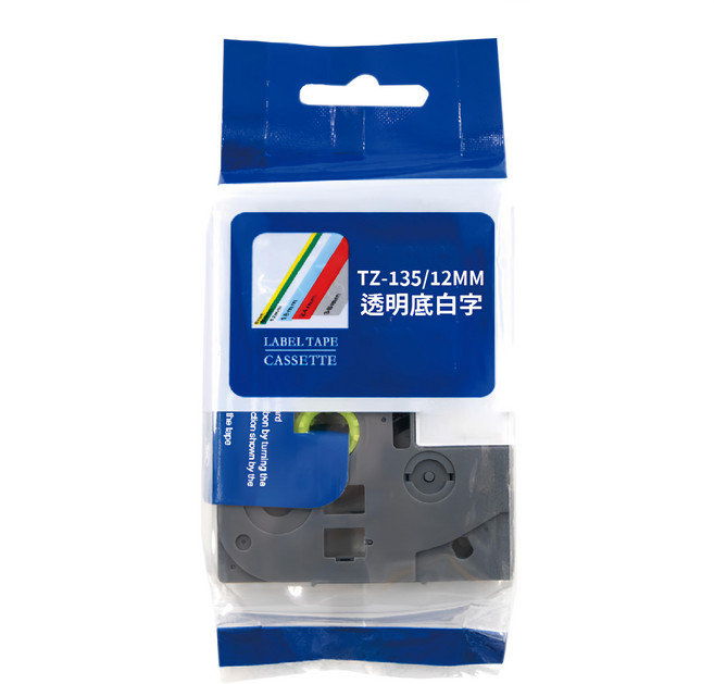NEXTPAGE 台灣榮工 護貝標籤帶 TZ-135 Brother適用 12mm, 透明底白字, 8m