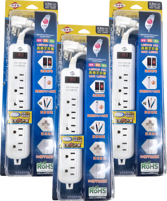 WeiTien 威電 CK3161 過載斷電1開6座延長線15尺, 4.5m, 白色, 3個