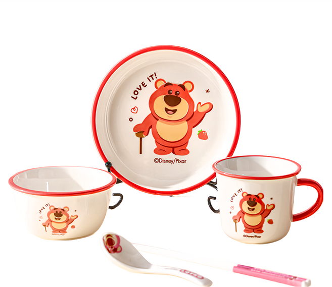 TOY STORY 玩具總動員 奇趣一人食 五件組 陶瓷餐具套裝, 盤子 + 碗 + 杯 + 勺子 + 筷子, 草莓熊 白色, 1組