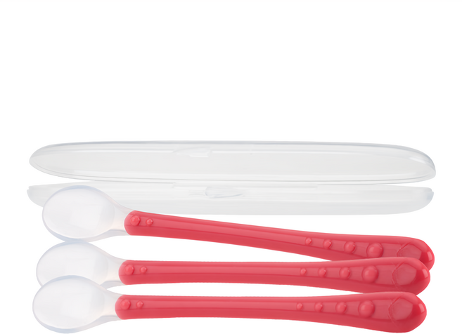 Nuby 矽膠長柄副食品湯匙組 湯匙 x 3支 + 收納盒 x 1個, 粉色, 1組