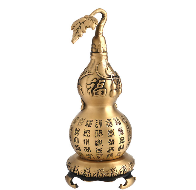 命運好好玩 新鎮煞迎百富銅葫蘆 Set 2件 精美雕刻百福祥字 銅製材質搭配五帝錢, 古銅色, 1組