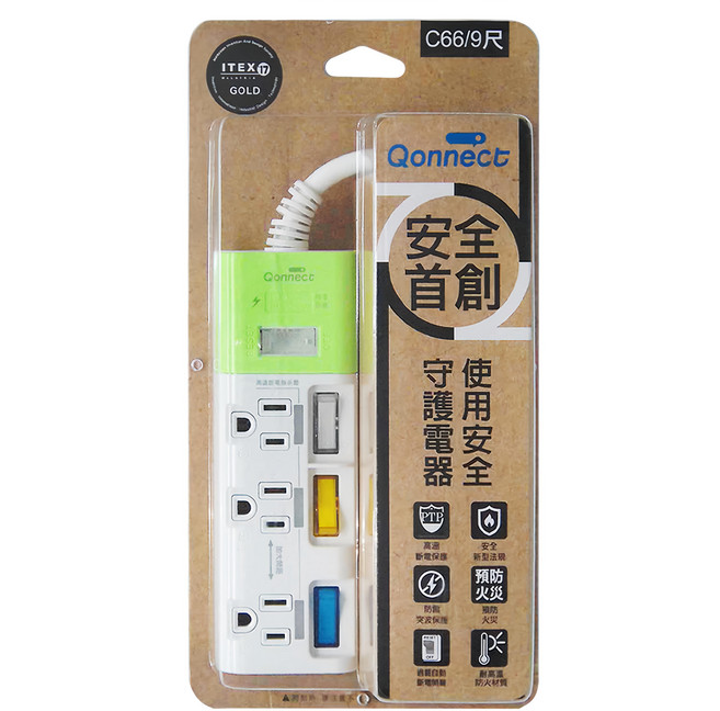Qonnect 4開3插3P斷電延長線, 2.7m, 白色, 1個