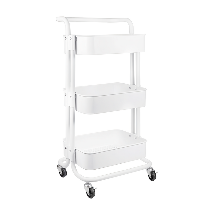小推車置物架3層 高承重萬向輪 PP塑膠材質, 白色