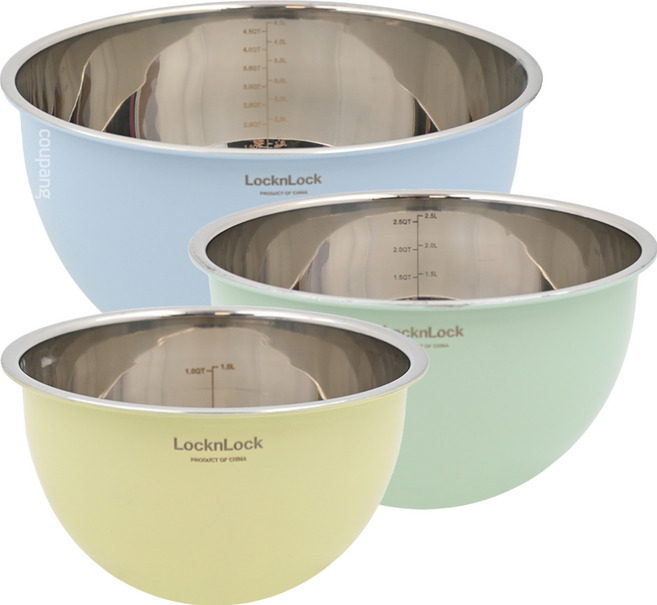 LocknLock 樂扣樂扣 不鏽鋼刻度料理鋼盆 3入套組, 黃色 + 綠色 + 藍色, 1組