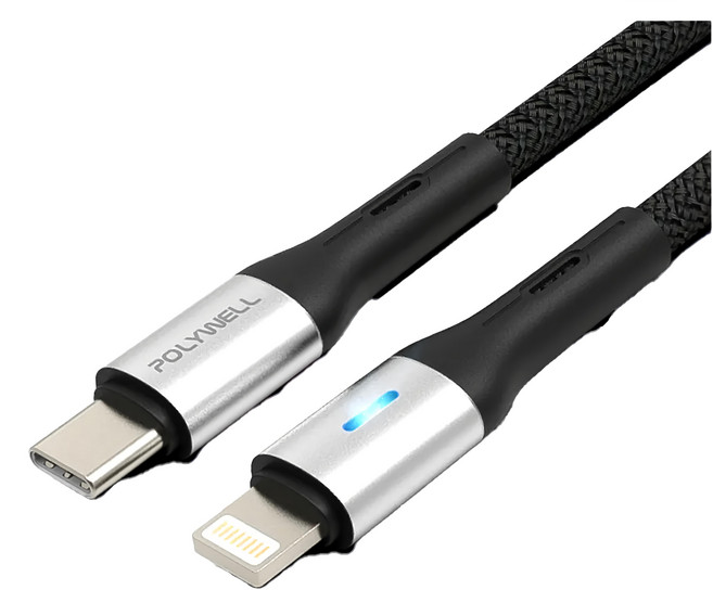 POLYWELL 寶利威爾 Type-C-Lightning LED PD編織快充線 PW15-W45-A325, 1m, 1條