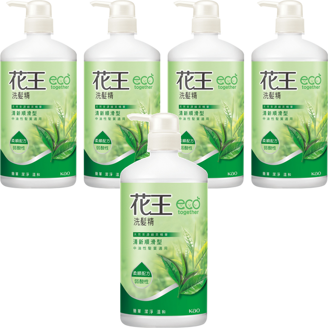 Kao 花王 洗髮精 清新順滑型 750ml 天然綠茶精華 中油性髮質適用 溫和潔淨, 5瓶