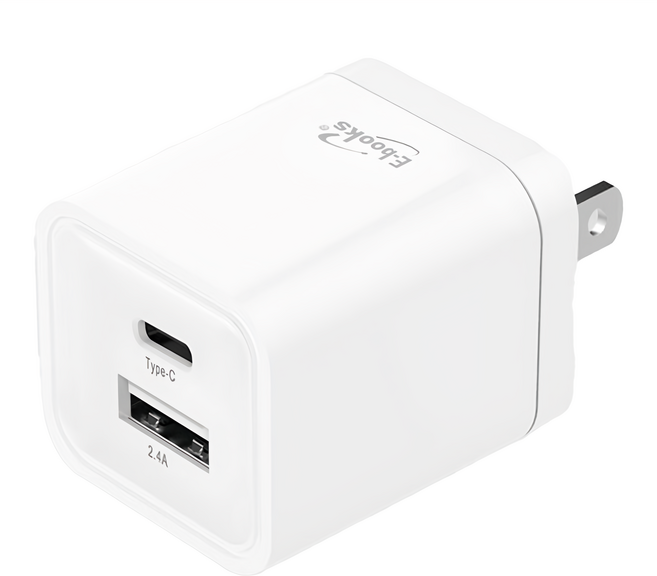 E-books 智能12W Type C + USB 雙孔快速充電器 支援全球電壓範圍 體積小巧 隨身攜帶無負擔 六重保護功能 最大輸出2.4A, 白色, 1個