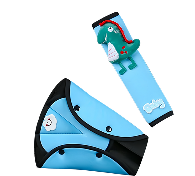 車用安全帶緩衝調節護墊 可愛保護套組 兒童安全帶調節器 聚酯纖維材質, 藍色小恐龍, 1組