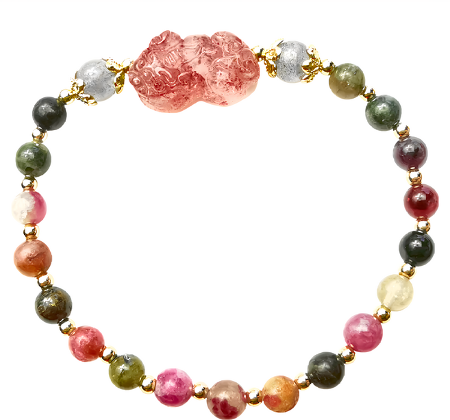 財神小舖 幸運碧璽 草莓晶貔貅手鍊 碧璽約0.4cm 灰月光石約0.6cm 貔貅約1.8 x 1.7cm