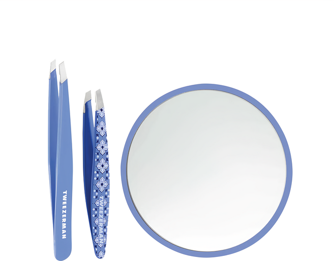 TWEEZERMAN 一手包辦眉鑷三件禮盒 斜口鑷 旅行鑷 五倍放大圓鏡, 復古藍, 1組