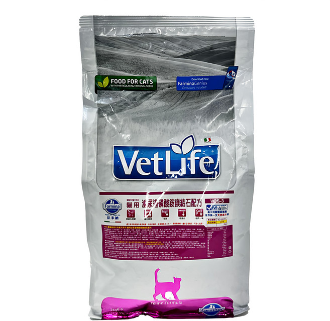 Farmina 法米納 VetLife 獸醫寵愛天然處方系列 泌尿道磷酸銨鎂結石配方 乾飼料 VCS-3 貓用, 1袋, 2kg, VC3 雞肉