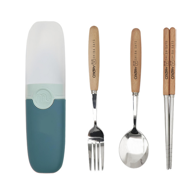 OMORY 不鏽鋼木柄4件外出便攜餐具組, 收納盒 + 湯匙 + 叉子 + 筷子, 藍色, 1組