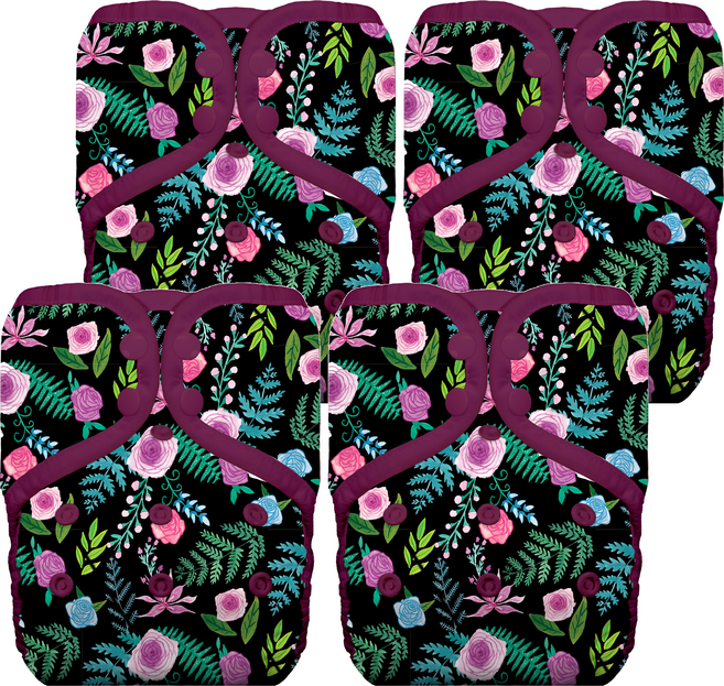 THIRSTIES成長型口袋式布尿布 一般款 壓扣 適合0-36個月的寶寶, Floribunda 黑色 + 紫色, 4件