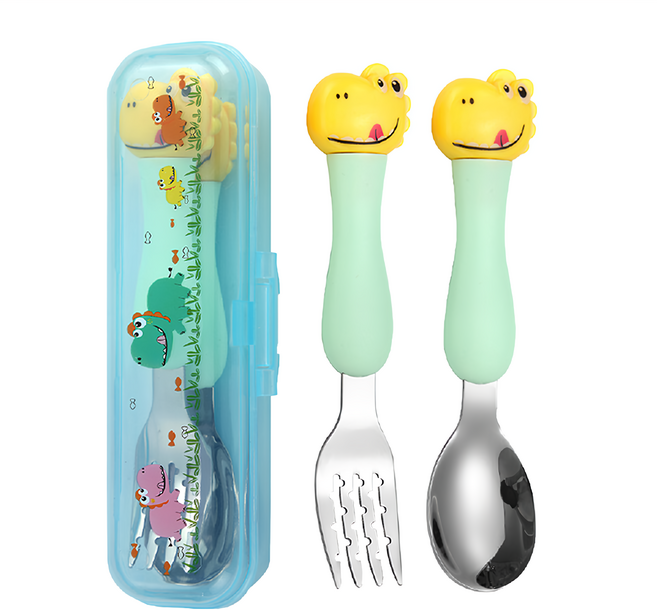 兒童304不鏽鋼可愛卡通餐具組, 湯匙 + 叉子 + 盒子, 黃色小恐龍, 1組