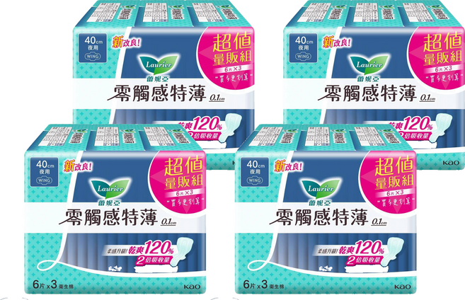 Laurier 蕾妮亞 台灣公司貨 零觸感特薄衛生棉 極長夜用型, 40cm, 18片, 4包