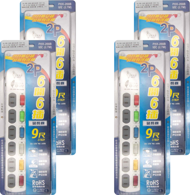spirit 電精靈 平貼插頭 電腦延長線 過載保護 6開6插 PKK-266B 125V 15A, 270cm, 白色, 4個